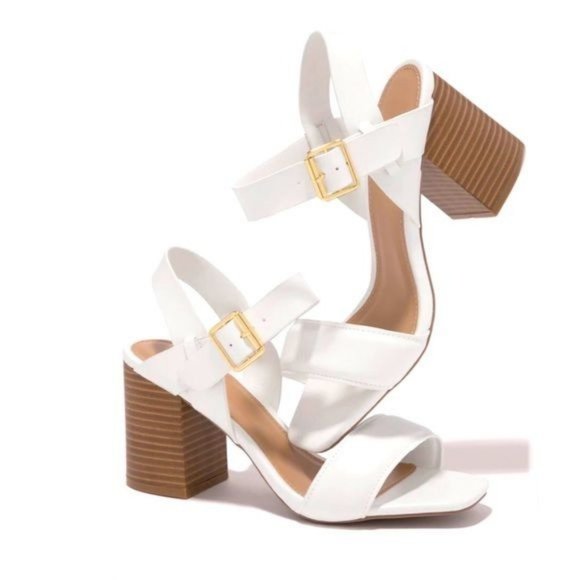 !! NEW !! Vegan Leather Ankle Strap Block Heels in White - Picture 6 of 8